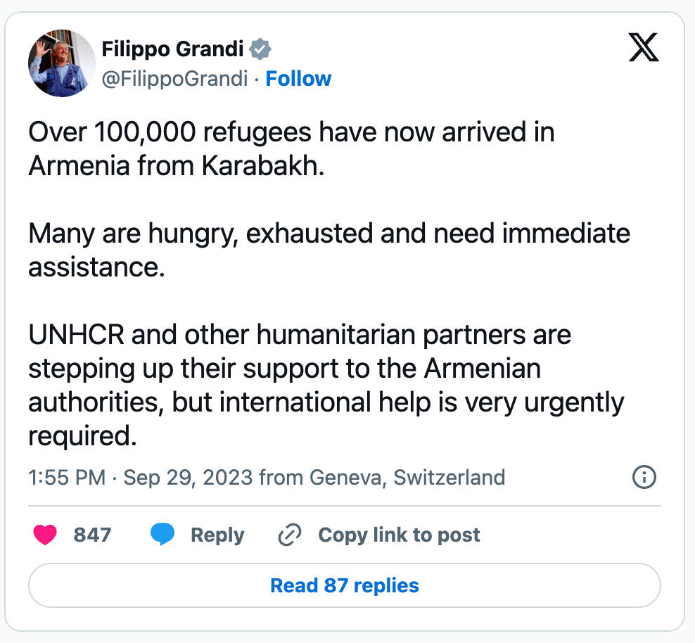 United Nations Refugee Agency statement about ethnic cleansing of Armenians from Artsakh